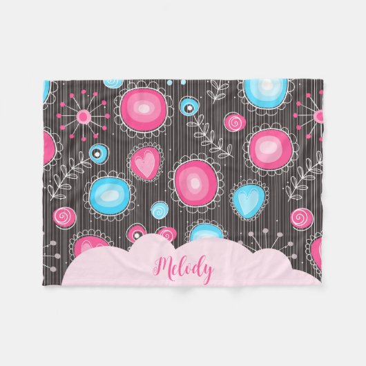 Whimsical roze blauwe harten en bloemen bloemige n fleece deken (Voorkant (Horizontaal))