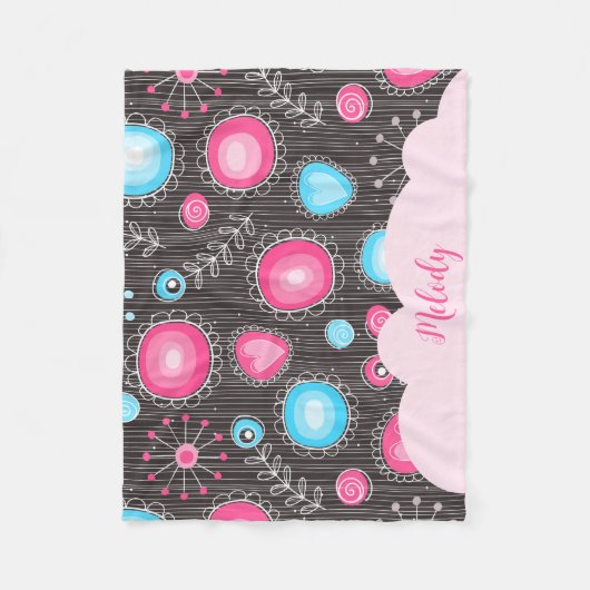 Whimsical roze blauwe harten en bloemen bloemige n fleece deken (Voorkant)