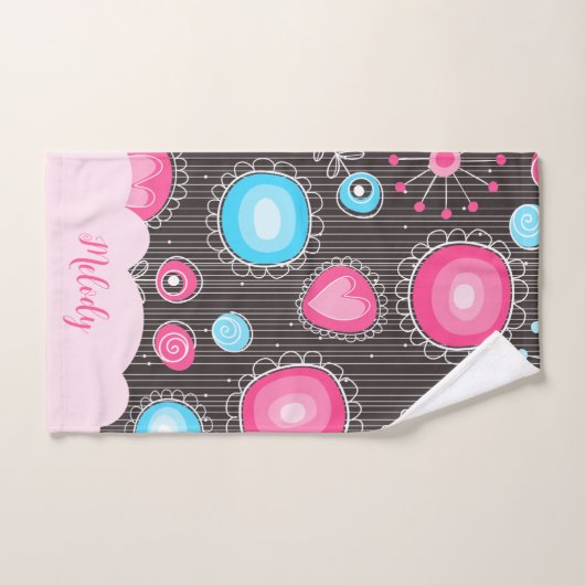 Whimsical roze blauwe harten en bloemen bloemige n handdoek (Handdoek)