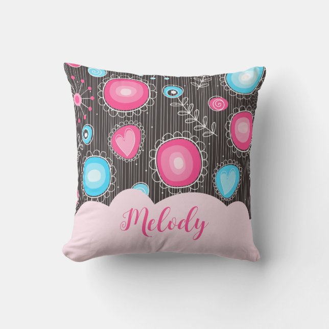 Whimsical roze blauwe harten en bloemen bloemige n kussen (Voorkant)