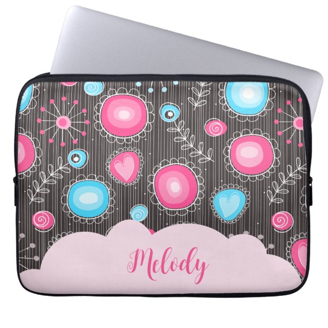 Whimsical roze blauwe harten en bloemen bloemige n laptop sleeve (Voorkant)