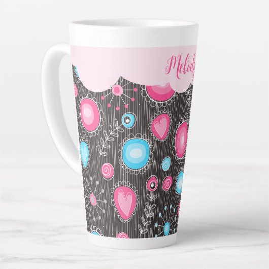 Whimsical roze blauwe harten en bloemen bloemige n latte mok (Linkerhoek)