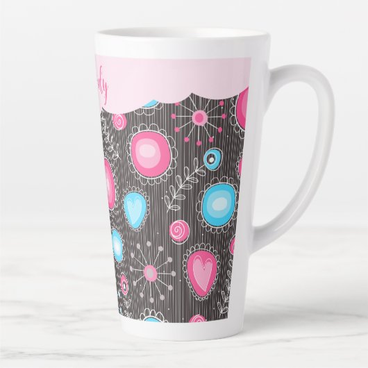 Whimsical roze blauwe harten en bloemen bloemige n latte mok (Rechts)