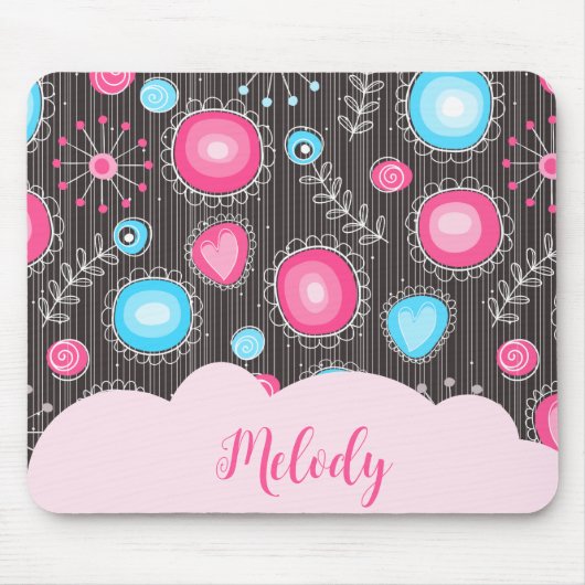 Whimsical roze blauwe harten en bloemen bloemige n muismat (Voorkant)