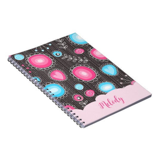 Whimsical roze blauwe harten en bloemen bloemige n notitieboek (Rechterzijde)