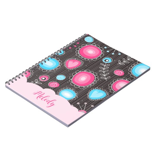 Whimsical roze blauwe harten en bloemen bloemige n notitieboek (Linkerzijde)