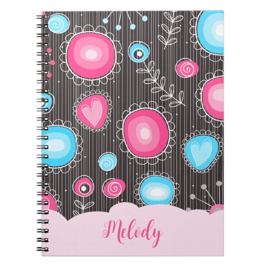 Whimsical roze blauwe harten en bloemen bloemige n notitieboek (Voorkant)