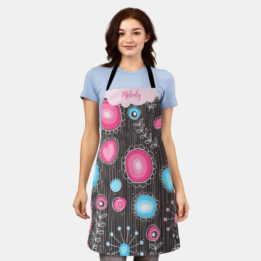 Whimsical roze blauwe harten en bloemen bloemige n schort (Gedragen)