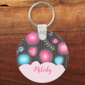 Whimsical roze blauwe harten en bloemen bloemige n sleutelhanger (Voorkant)
