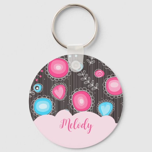 Whimsical roze blauwe harten en bloemen bloemige n sleutelhanger (Achterkant)