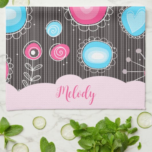 Whimsical roze blauwe harten en bloemen bloemige n theedoek (Gevouwen)