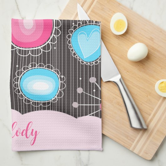 Whimsical roze blauwe harten en bloemen bloemige n theedoek (Quarter Fold)