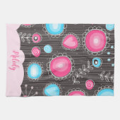 Whimsical roze blauwe harten en bloemen bloemige n theedoek (Horizontaal)