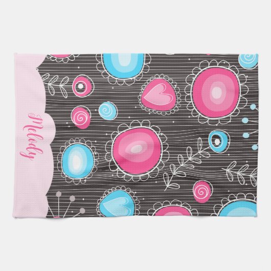 Whimsical roze blauwe harten en bloemen bloemige n theedoek (Horizontaal)