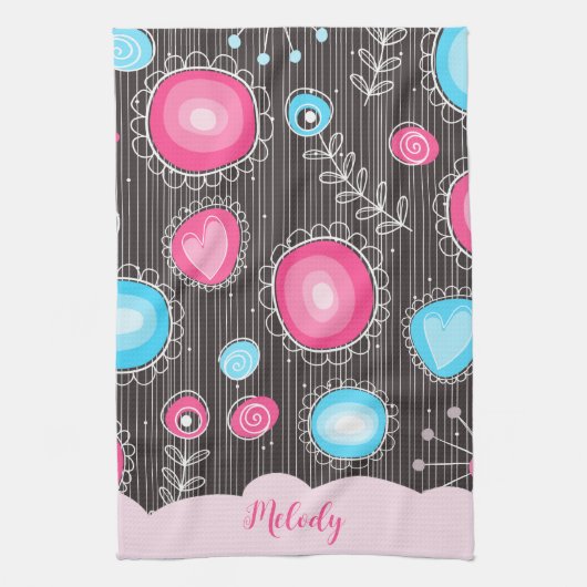 Whimsical roze blauwe harten en bloemen bloemige n theedoek (Verticaal)