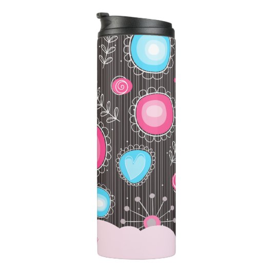 Whimsical roze blauwe harten en bloemen bloemige n thermosbeker (Geroteerd rechts)