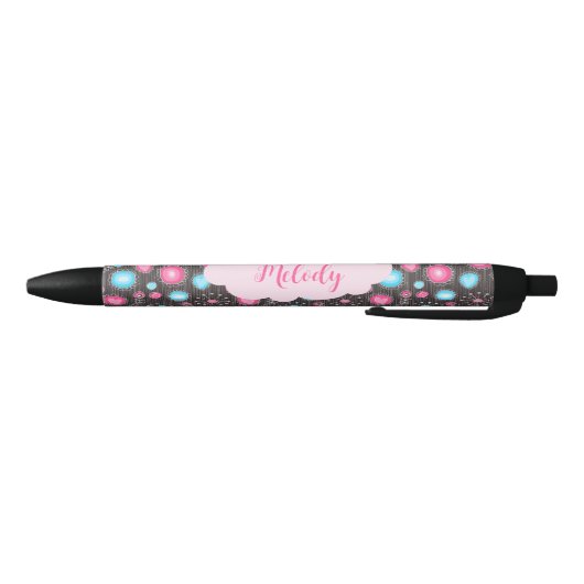 Whimsical roze blauwe harten en bloemen bloemige n zwarte inkt pen (Bodem)