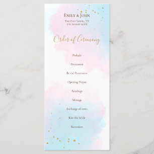Whimsical Roze Blauwe Waterverven pastel bruiloft Programmakaart