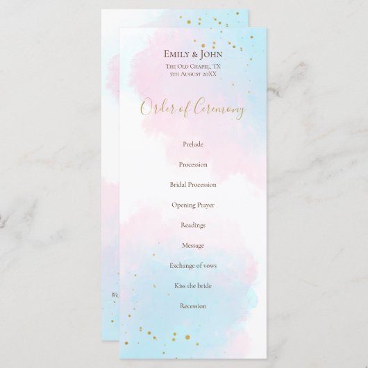 Whimsical Roze Blauwe Waterverven pastel bruiloft Programmakaart (Voorkant / Achterkant)