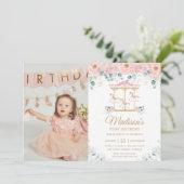Whimsical Roze Bloemen Carrousel 1e Verjaardag Fot Kaart (Staand voorkant)