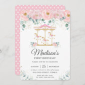 Whimsical Roze Bloemen Carrousel 1e Verjaardagsfee Kaart (Voorkant / Achterkant)