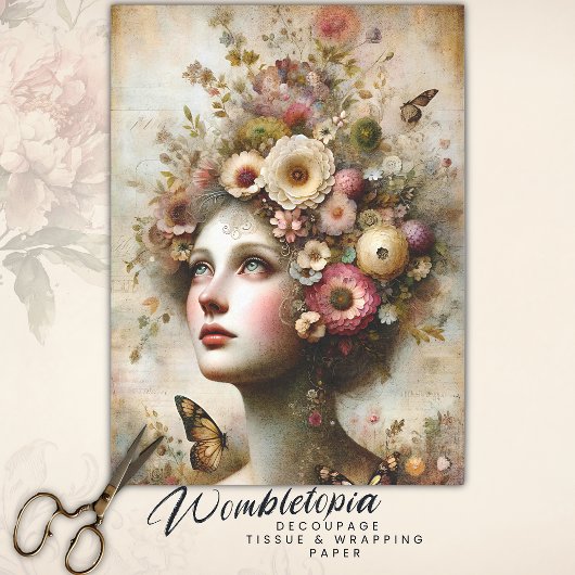 Whimsical Roze Bloemen Maiden, Antiek Decoupage Tissuepapier