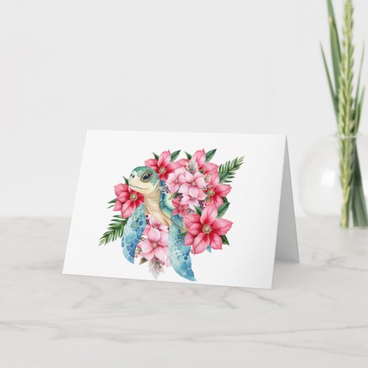 Whimsical Roze Bloemen & Zee Schildpad Note Kaart (Voorkant)