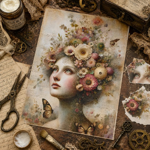 Whimsical Roze Bloemenmeisje, Antieke Decoupage  Tissuepapier
