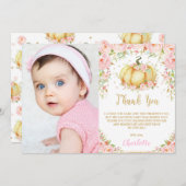 Whimsical roze bloemige kleine pompoen verjaardag bedankkaart (Voorkant / Achterkant)