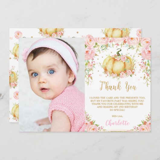 Whimsical roze bloemige kleine pompoen verjaardag bedankkaart (Voorkant / Achterkant)