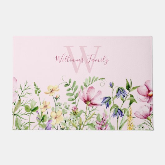 Whimsical roze bloemmonogram deurmat (Voorkant)