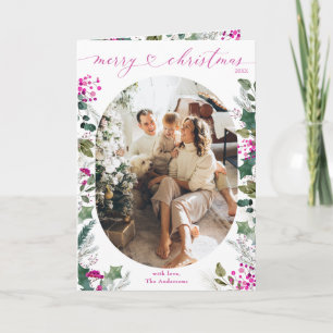 Whimsical Roze Botanicals Foto Kerstmis Gevouwen Kaart