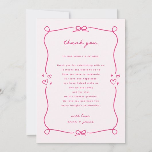 Whimsical Roze Bruiloft Receptie Tafel Dank u Bedankkaart (Voorkant)