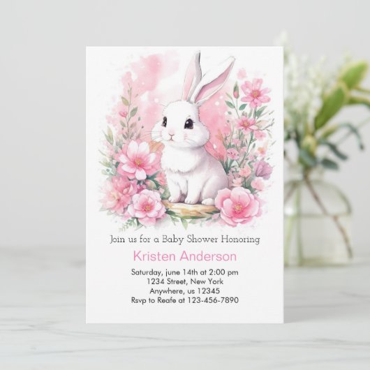 Whimsical Roze Bunny Woodland Meisje Baby shower Kaart (Staand voorkant)