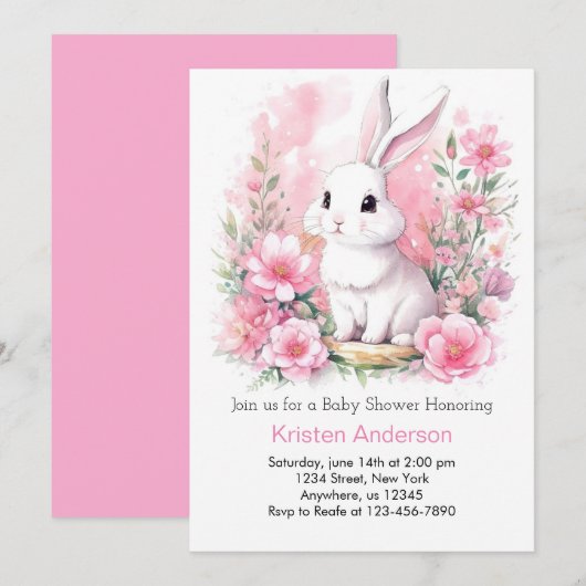 Whimsical Roze Bunny Woodland Meisje Baby shower Kaart (Voorkant / Achterkant)
