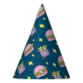 Whimsical Roze Burger en Fries Patroon Verjaardag Feesthoedjes (Links)