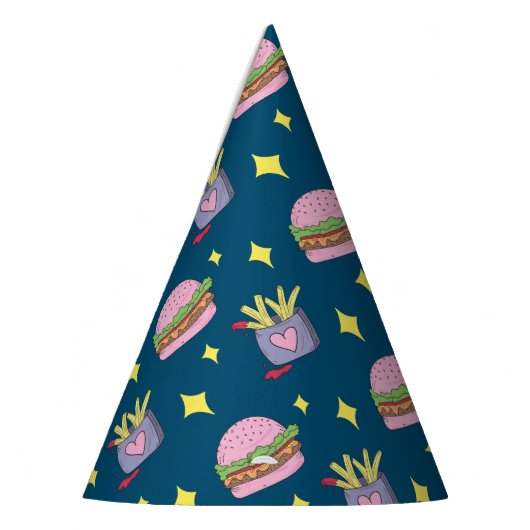 Whimsical Roze Burger en Fries Patroon Verjaardag Feesthoedjes (Links)