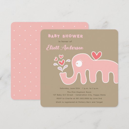 Whimsical Roze Cartoon Olifant Meisje Baby shower Kaart (Voorkant / Achterkant)