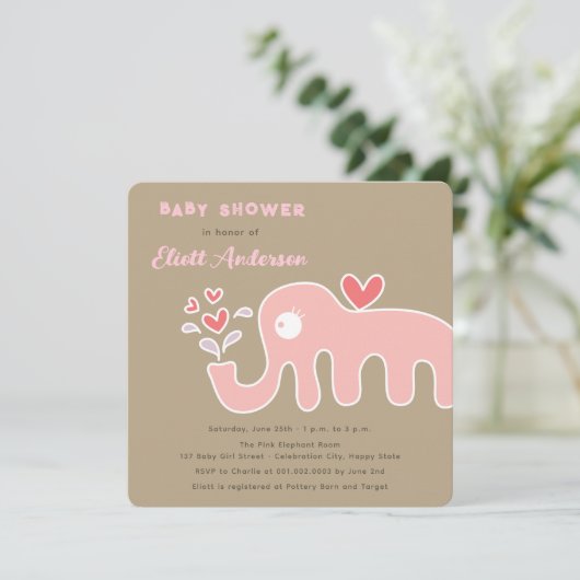 Whimsical Roze Cartoon Olifant Meisje Baby shower Kaart (Staand voorkant)