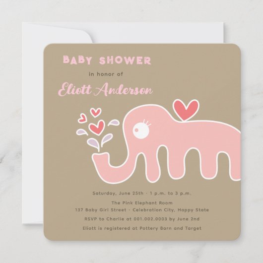Whimsical Roze Cartoon Olifant Meisje Baby shower Kaart (Voorkant)