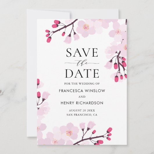 Whimsical Roze Cherry Blossom Botanisch Save The Date (Voorkant)