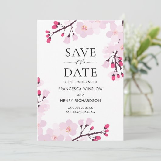 Whimsical Roze Cherry Blossom Botanisch Save The Date (Staand voorkant)