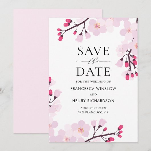 Whimsical Roze Cherry Blossom Botanisch Save The Date (Voorkant / Achterkant)