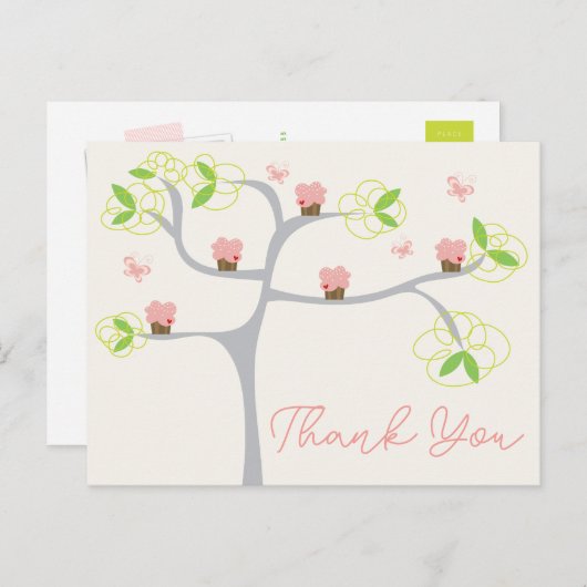 Whimsical roze cupcakes boom verjaardag dank u briefkaart (Voorkant / Achterkant)