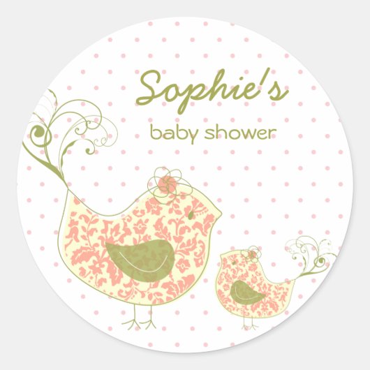 Whimsical Roze Damask Mama Vogelmeisje Baby shower Ronde Sticker (Voorkant)