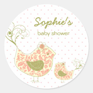 Whimsical Roze Damask Mama Vogelmeisje Baby shower Ronde Sticker