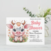 Whimsical Roze Digitale Koe Baby shower Kaart (Staand voorkant)