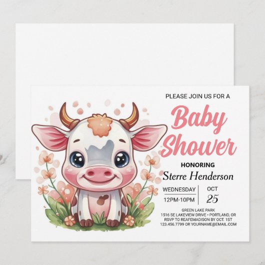 Whimsical Roze Digitale Koe Baby shower Kaart (Voorkant / Achterkant)