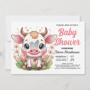 Whimsical Roze Digitale Koe Baby shower Kaart
