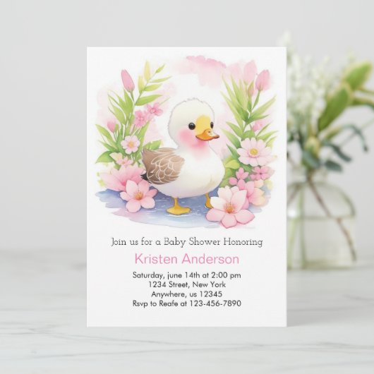 Whimsical Roze Eend Waterverf Meisje Baby shower Kaart (Staand voorkant)